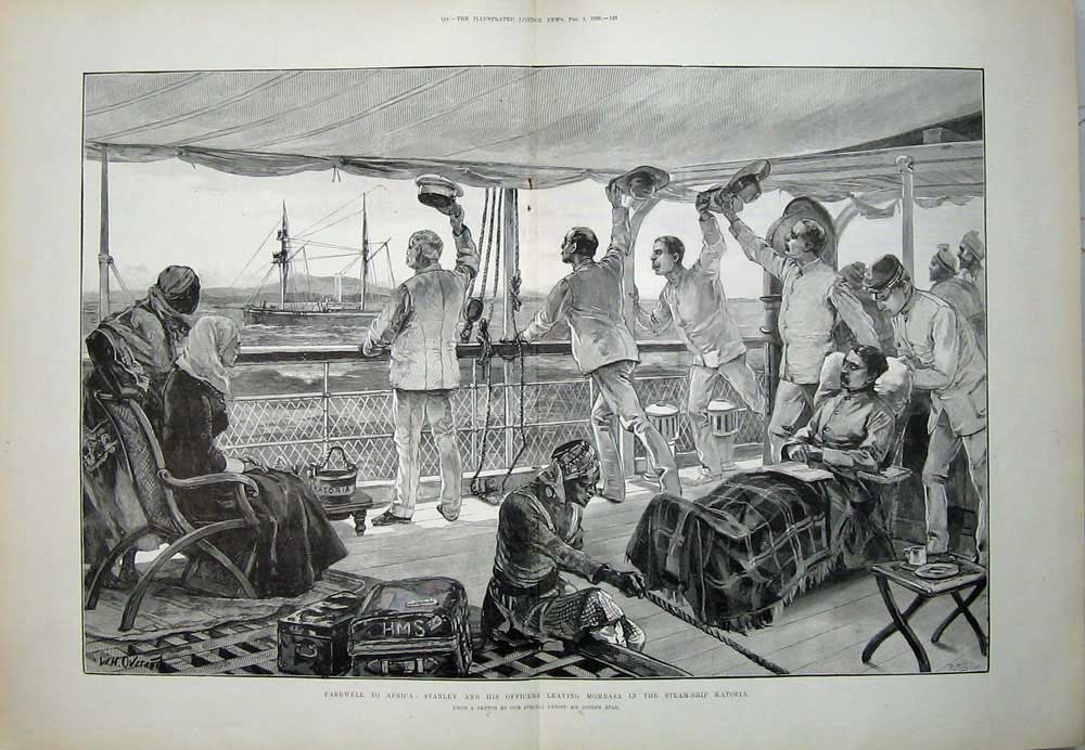 Antique Old Print 1890 Africa Stanley Officers Mombasa Ship Katoria Tudor 19th