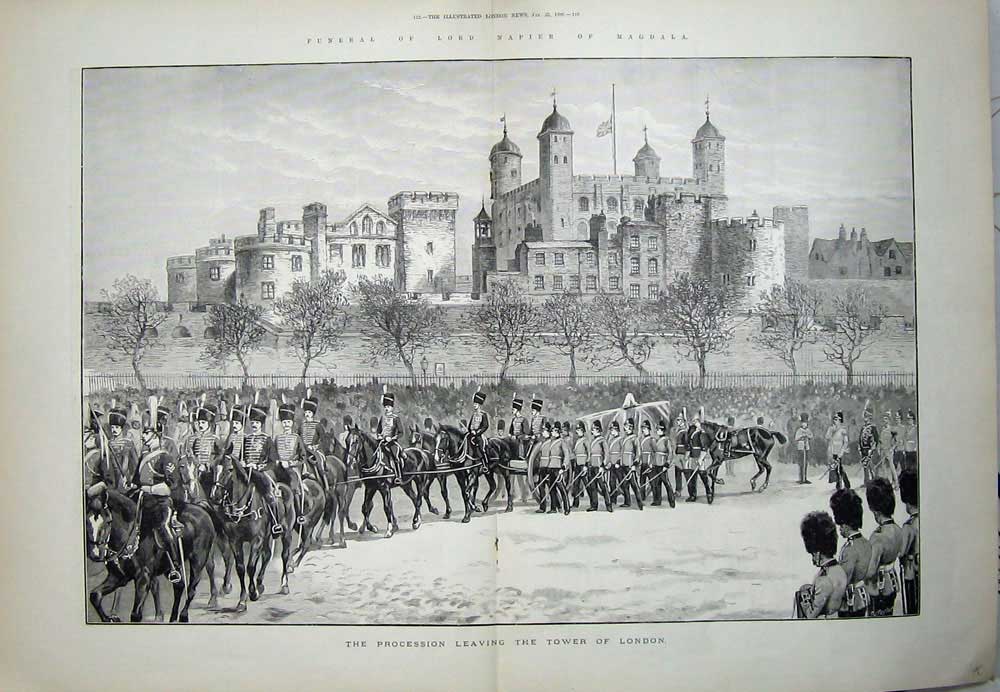 Old Antique Print 1890 Funeral Lord Napier Magdala Tower London Harding 19th