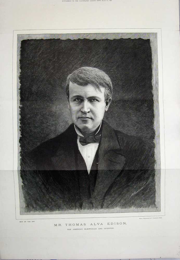 Old Antique Print 1890 Thomas Alva Edison American Electrician Inventor 19th