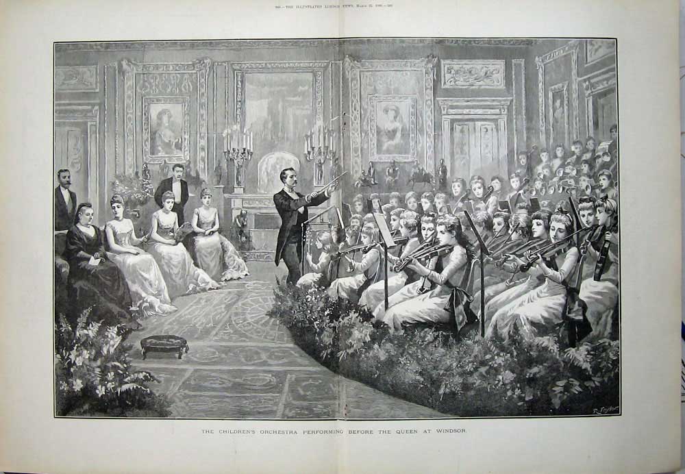Old Antique Print Children'S Orchestra Queen Windsor Castle London 1890 19th