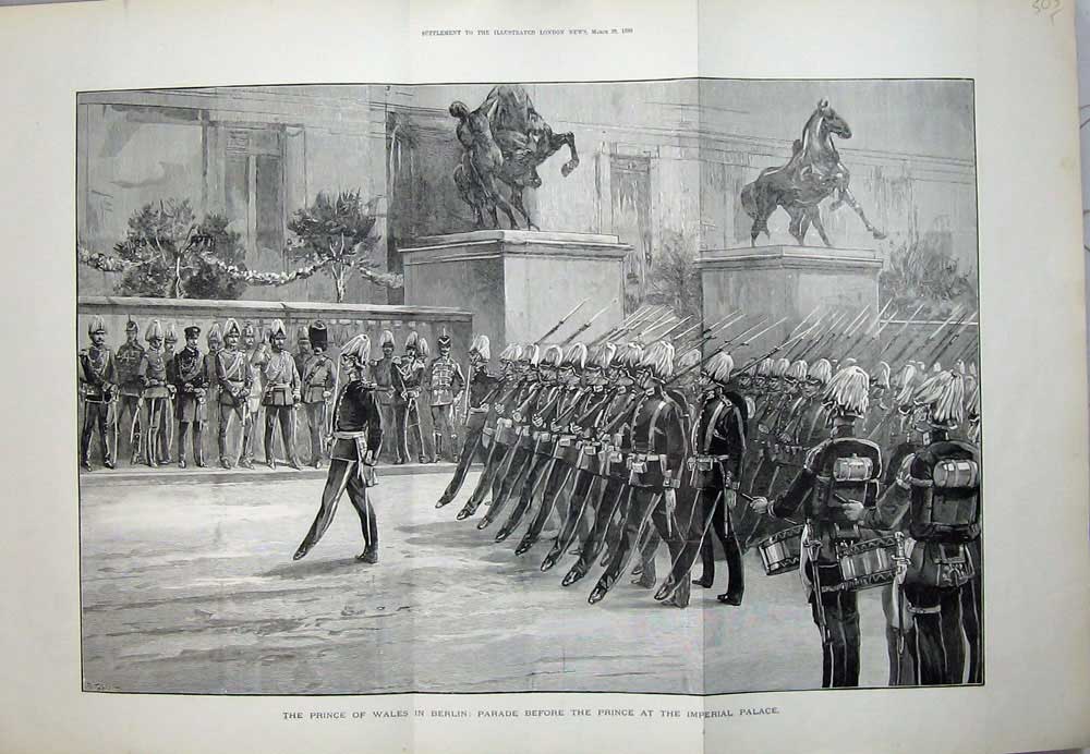 Old Antique Print 1890 Prince Wales Berlin Parade Imperial Palace Guards 19th