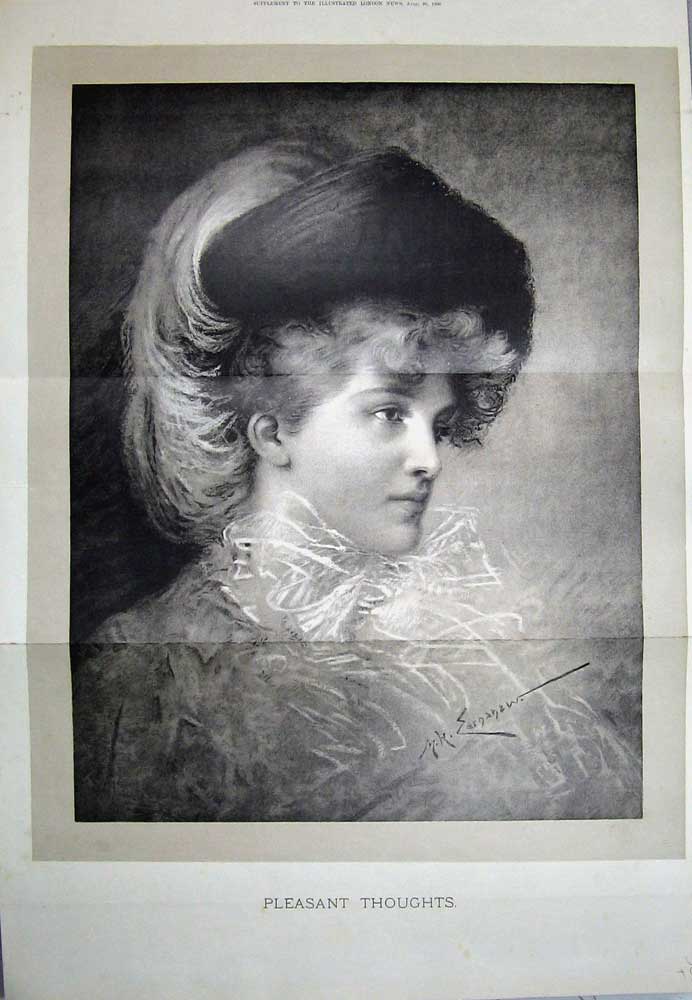 Original Old Antique Print 1890 Portrait Beautiful Lady Woman Fine Art 19th