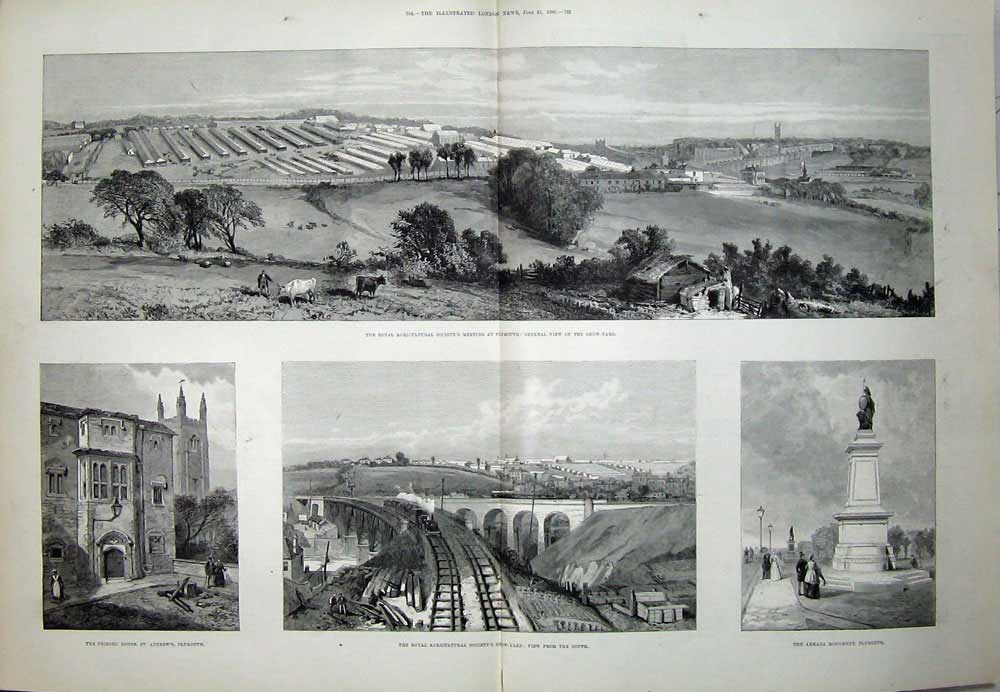 Old Antique Print 1890 Royal Agricultural Show Plympouth Armada Railway 19th
