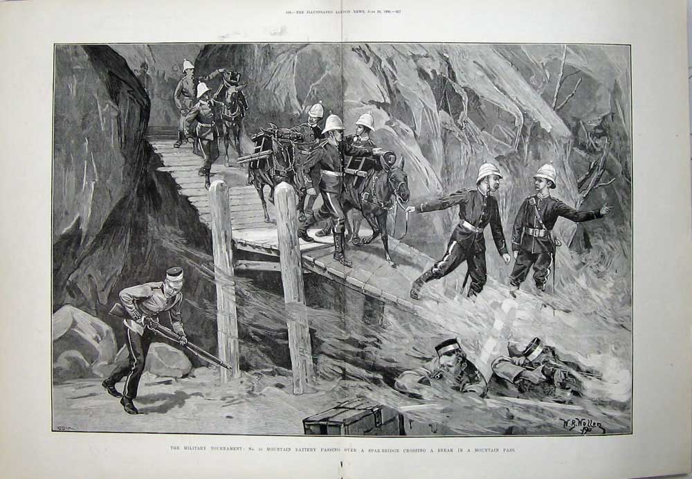 Original Old Antique Print Military Tournament 1890 Spar Bridge Mountain Siers