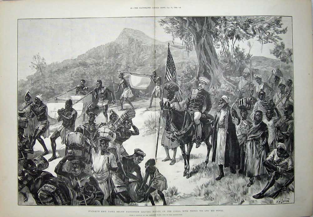 Old Antique Print Stanley Emin Pasha 1890 Matadi Congo Tippoo Wives Art 19th