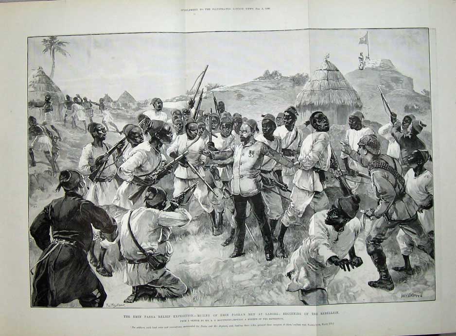Original Old Antique Print 1890 Emin Pasha Mutiny Labore Rebellion Weapons War