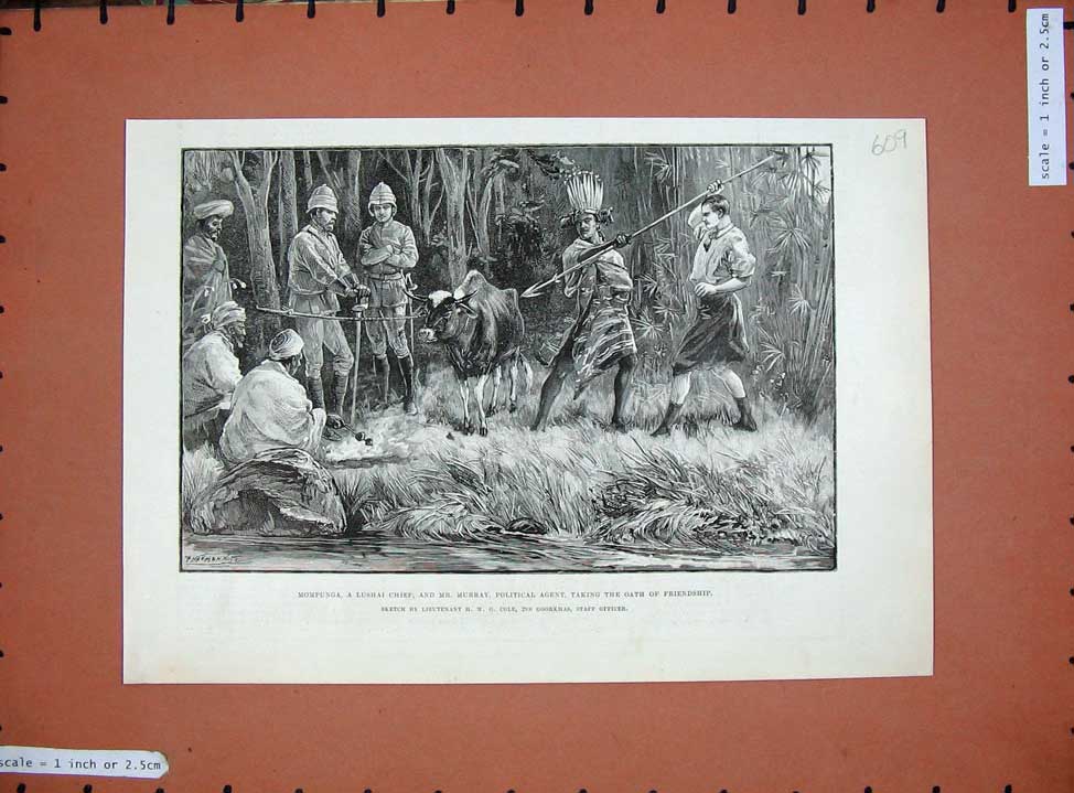 Original Old Antique Print 1890 Mompunga Lushai Camp Murray Oath Cow Siers War