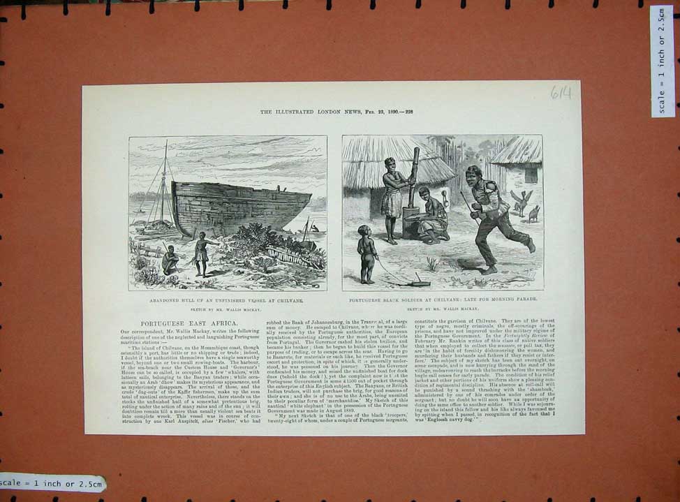 Original Old Antique Print 1890 Hull Ship Chilvane Portuguese Black Siers War