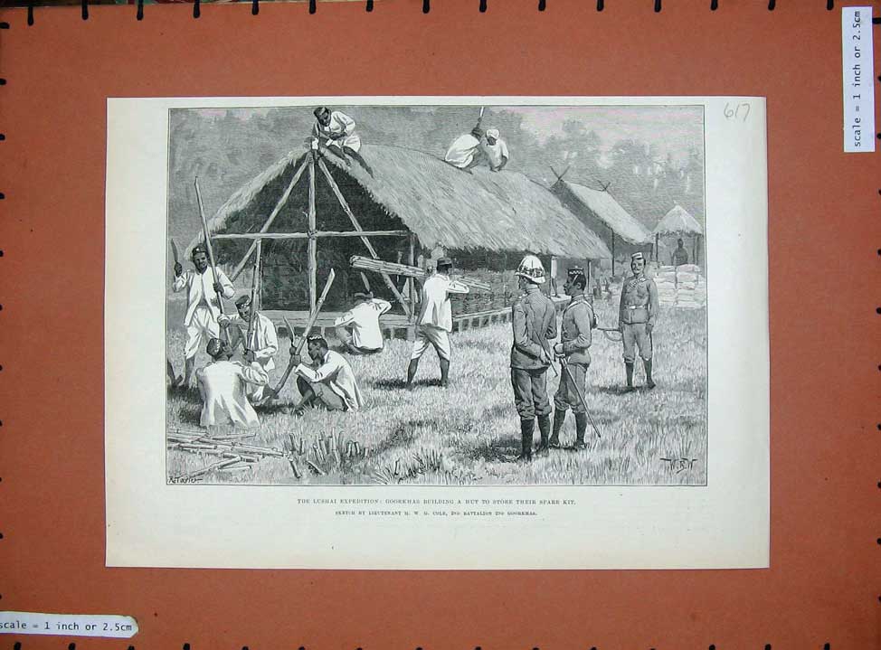 Original Old Antique Print 1890 Lushai Expedition Goorkahs Hut Siers Cole War