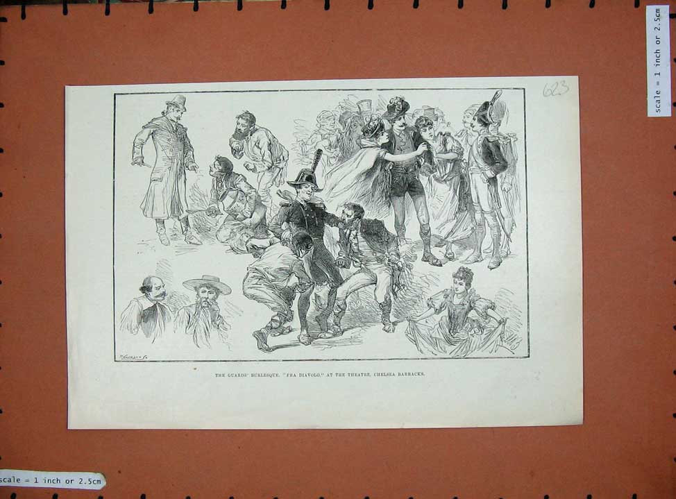 Original Old Antique Print 1890 Theatre Chelsea Barracks Fra Diavolo Burlesque
