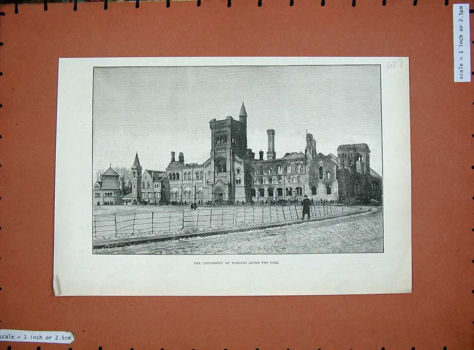 Original Old Antique Print 1890 Ruins University Toronto Canada Building Fire