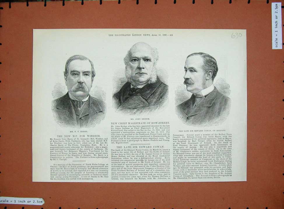 Old Antique Print 1890 Barry M.P John Bridge Magistrate Cowan Belfast Men 19th