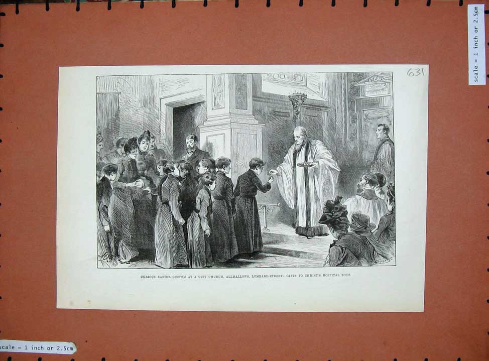 Original Old Antique Print 1890 Church Allhallows Lombard Street Hospital Boys