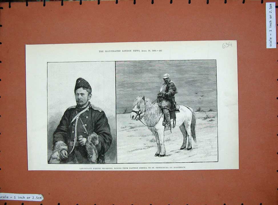 Old Antique Print 1890 Lieutenant Dimitri Pechkoff Horse Siberia Russia 19th