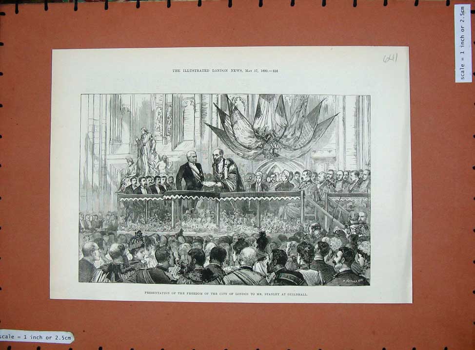 Old Antique Print 1890 Presentation Freedom City London Stanley Guildhall 19th