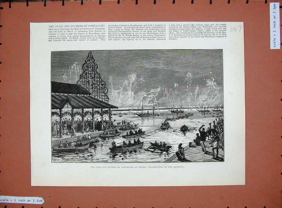 Old Antique Print Duke Duchess Connaught Ceylon 1890 Harbour Fire-Works 19th