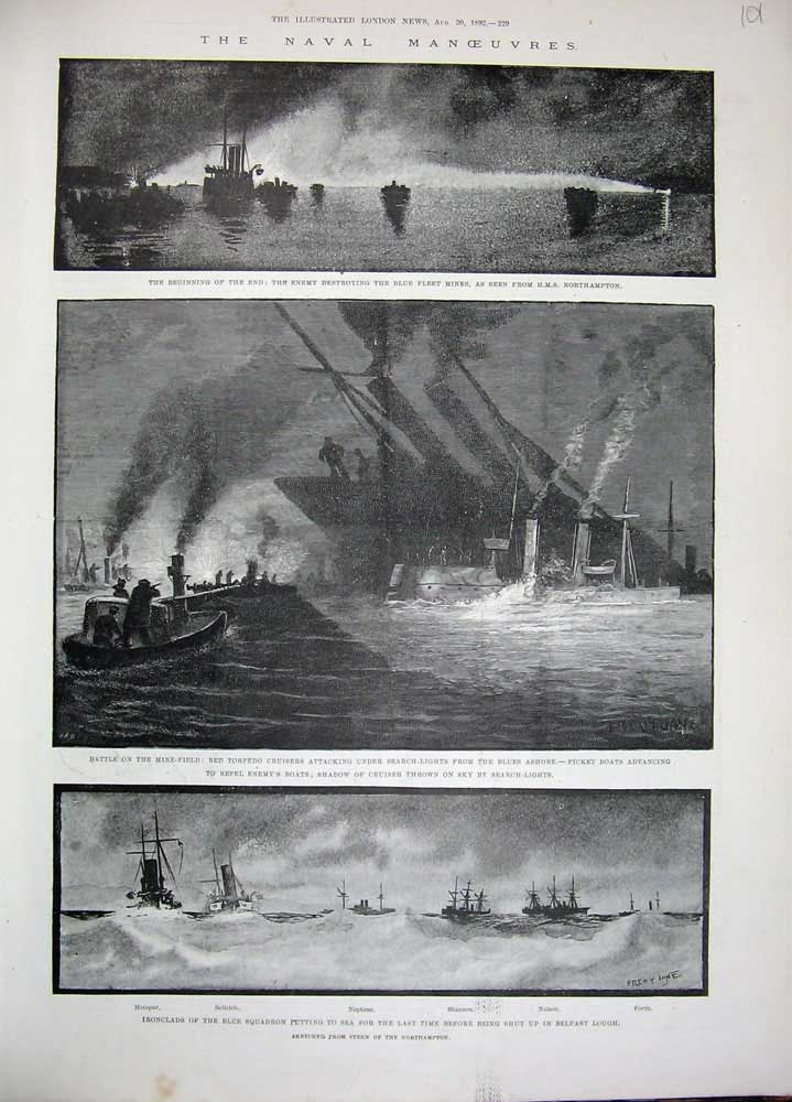 Old Antique Print 1892 Naval Blue Mines Ships Shannon Neptune Nelson Sea 19th