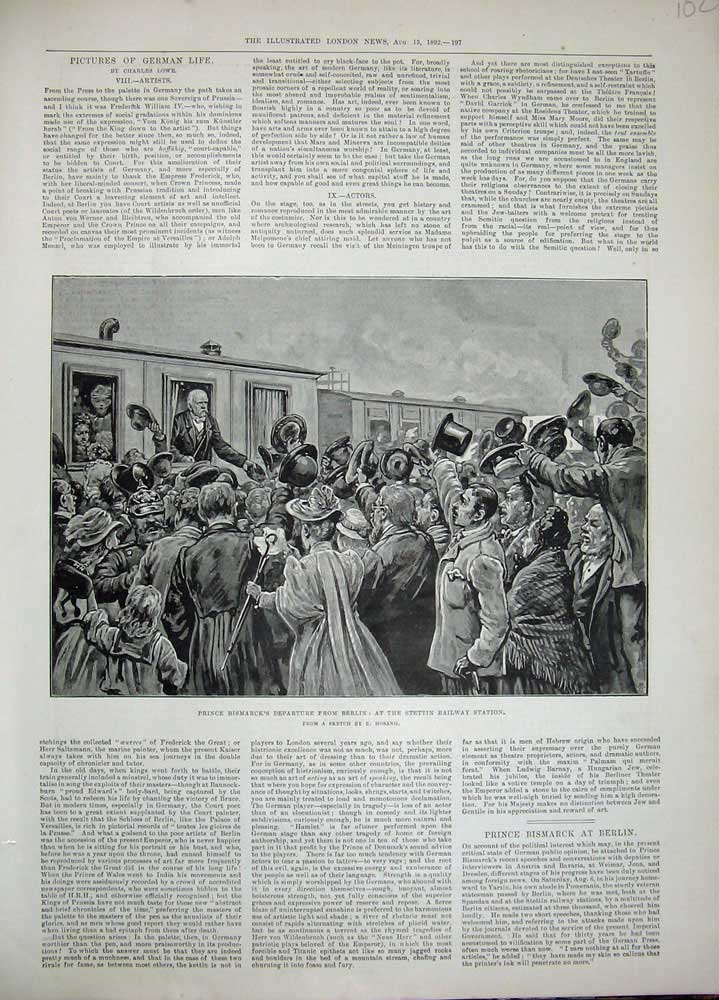 Original Old Antique Print Prince Bismarck Berlin Ireland 1892 Stettin Railway