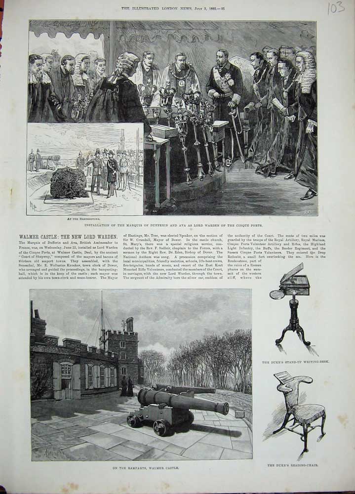 Original Old Antique Print 1892 Walmer Castle Marquis Dufferin Ava Lord Warden