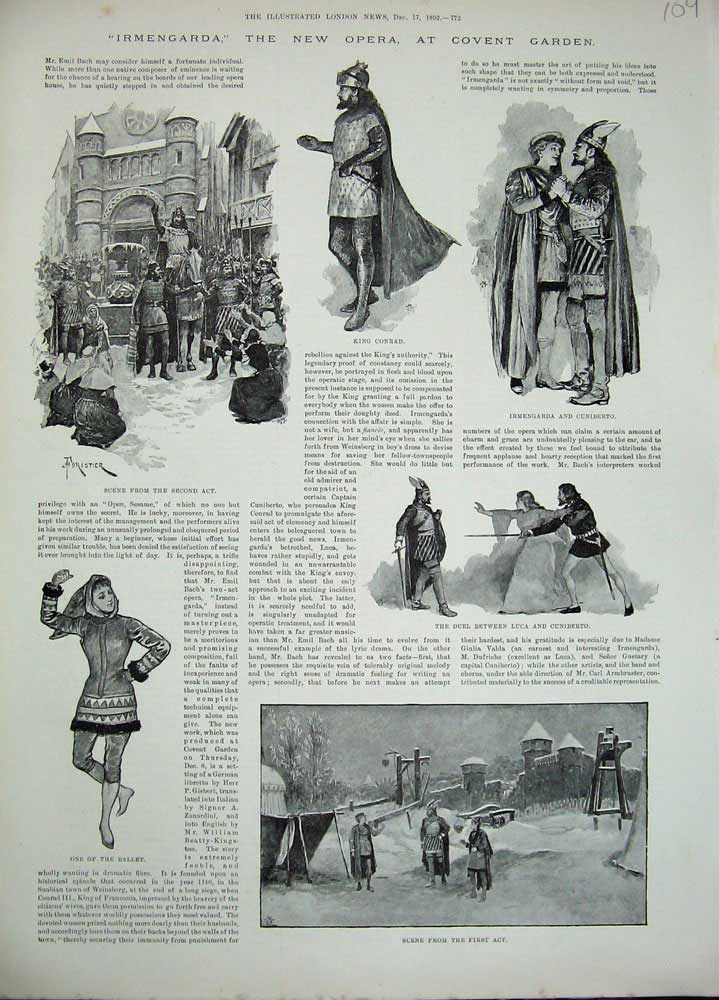 Original Old Antique Print Irmengarda 1892 New Opera Covent Garden King Conrad