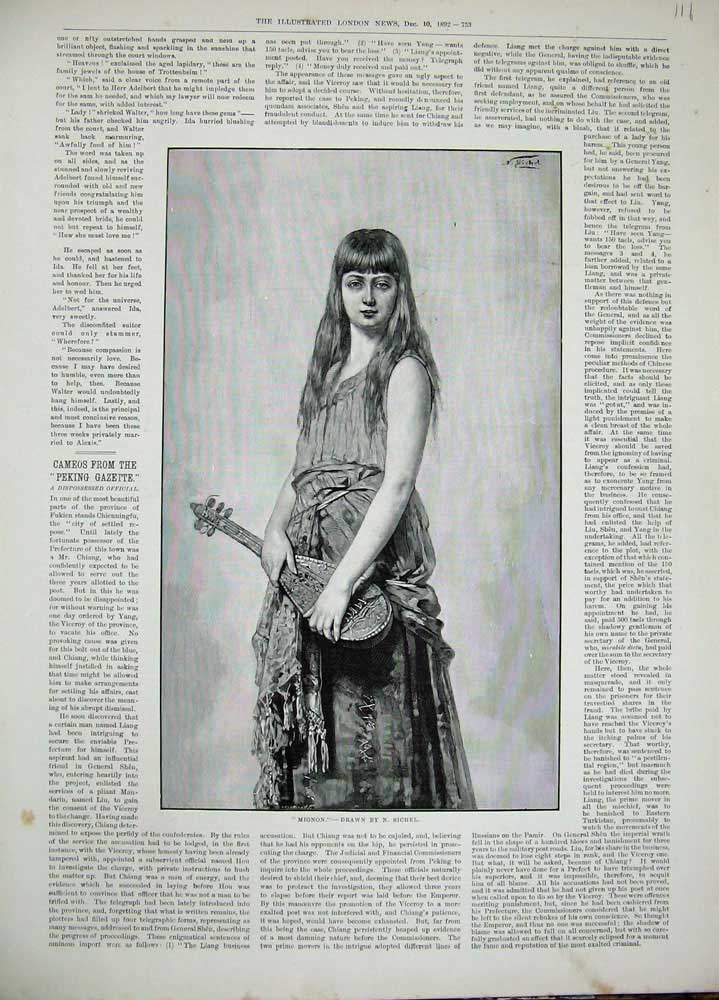 Old Antique Print 1892 Mignon Sichel Portrait Beautiful Woman Music Art 19th