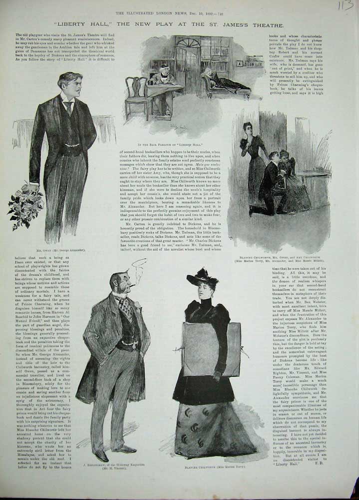 Old Antique Print 1892 Liberty Hall New Play St Jame'S Theatre Chilworth 19th