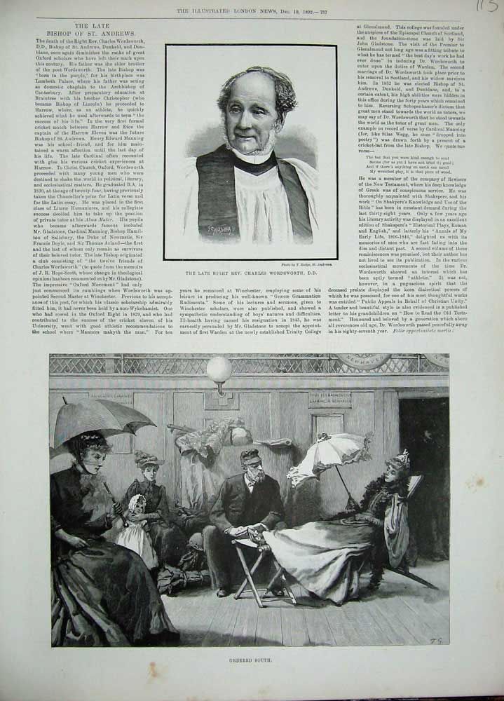 Old Antique Print 1892 Portrait Rev. Charles Wordsworth Ship Passengers 19th