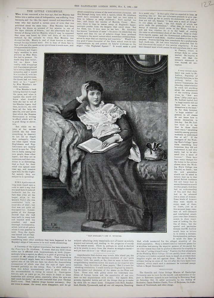 Old Antique Print 1892 Wyburd Fine Art Beautiful Woman Reading Book Lady 19th