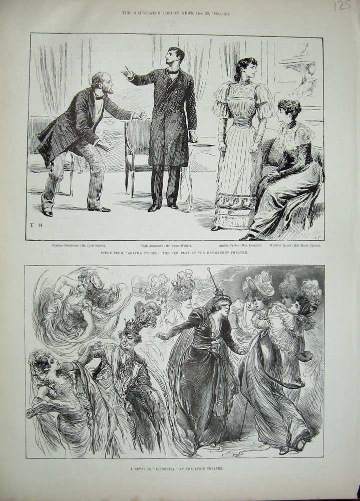 Original Old Antique Print 1892 Agatha Tylden Haymarket Theatre Incognita Lyric