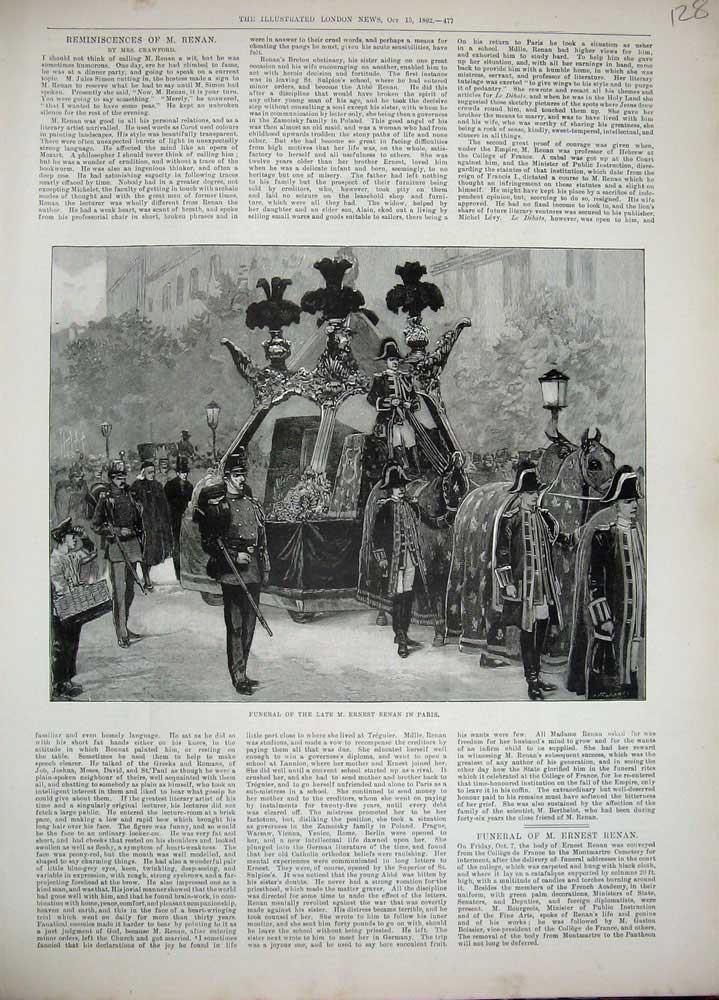 Old Antique Print 1892 Scene Funeral Ernest Renan Paris France Fine Art 19th