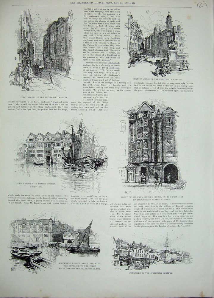 Original Old Antique Print 1892 Cheapside Pinder Charing Cross Harbour London