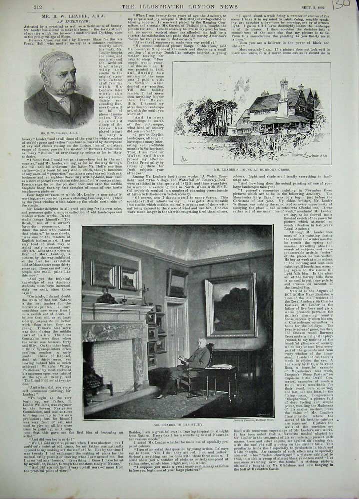 Old Antique Print 1892 Portrait Mr Leader Study House Burrows Cross Man 19th