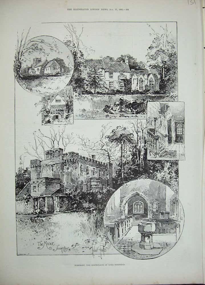 Original Old Antique Print Somersby Birthplace Lor Tennyson 1892 Rectory Manor