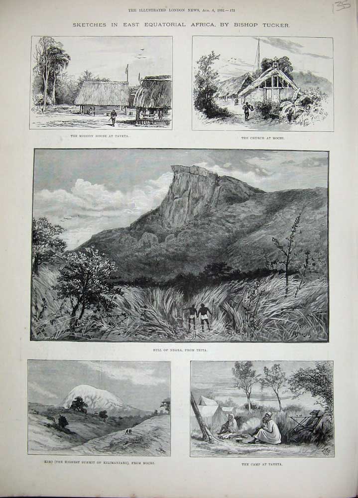 Original Old Antique Print 1892 Africa Hill Ndara Camp Taveta Kibo Mochi Taveta