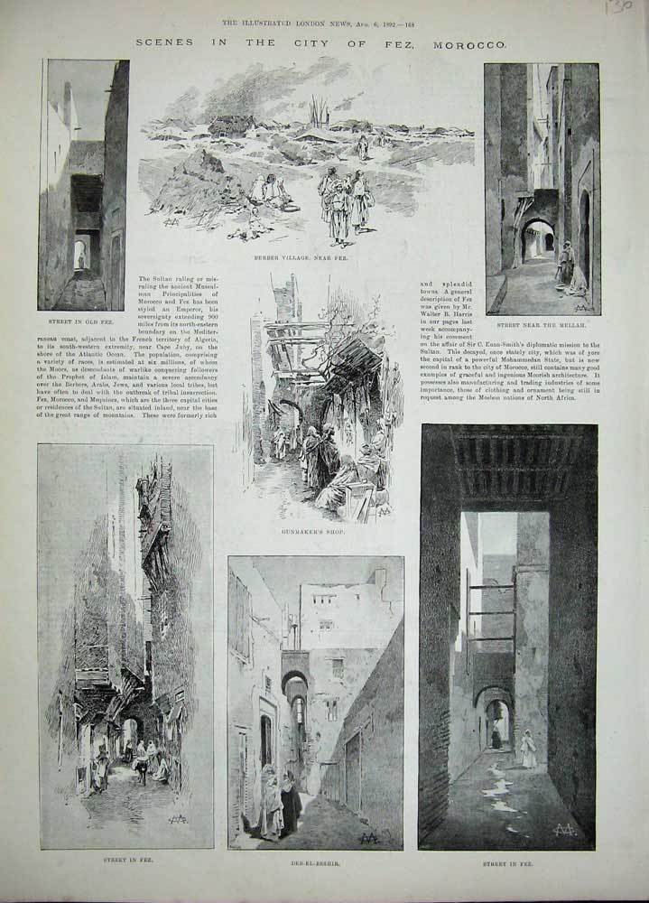 Original Old Antique Print 1892 Fez Morocco Deb-El-Beshir Mellah Derber Village