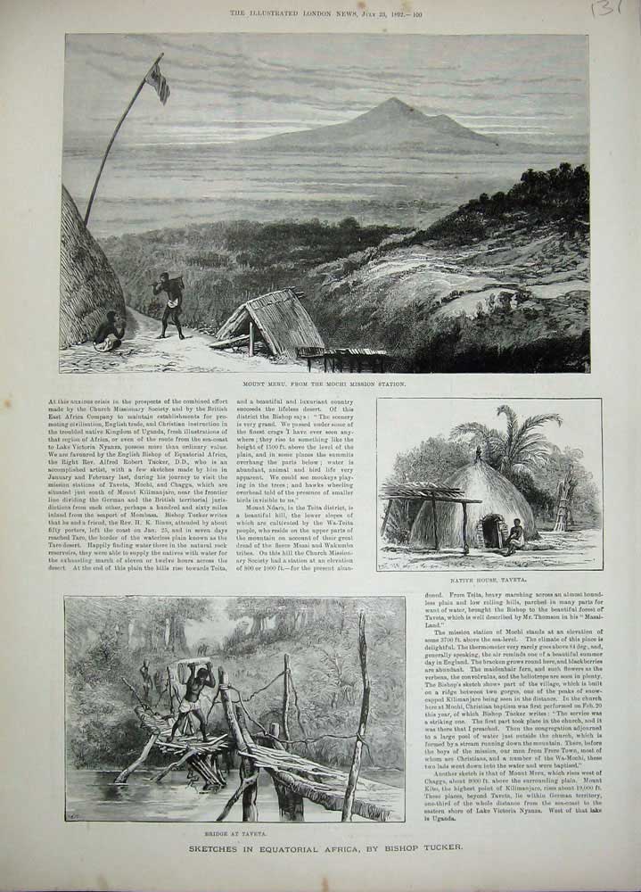 Original Old Antique Print 1892 Meru Mochi Mission Station House Taveta Africa