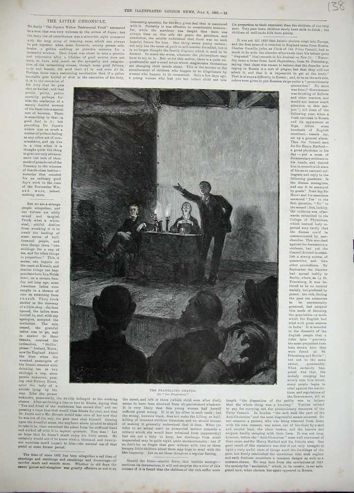 Original Old Antique Print 1892 Travelling Operator Man Stage Candle Light Art