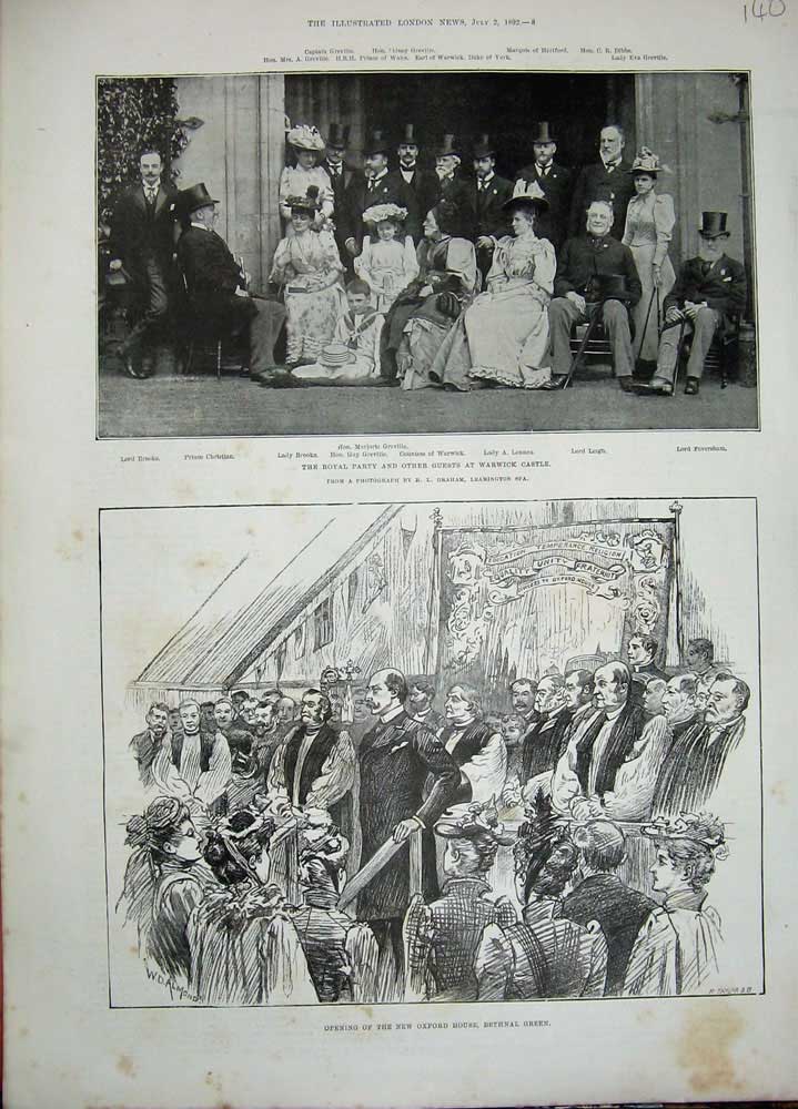 Original Old Antique Print 1892 Oxford House Bethnal Green Warwick Castle Royal