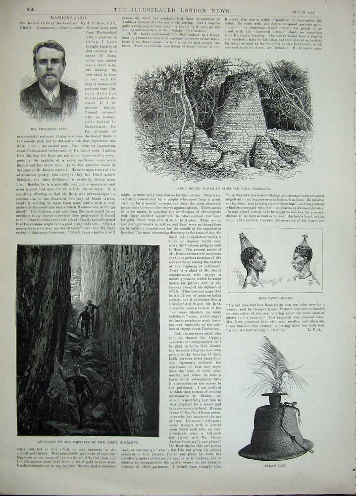 Antique Old Print 1892 Gennadius Eaton Greek Minister Study Zimbabwe Bent 19th