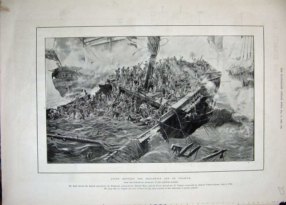 Old Antique Print 1892 Battle Brunswick Le Vengeur War Ships Howe French 19th
