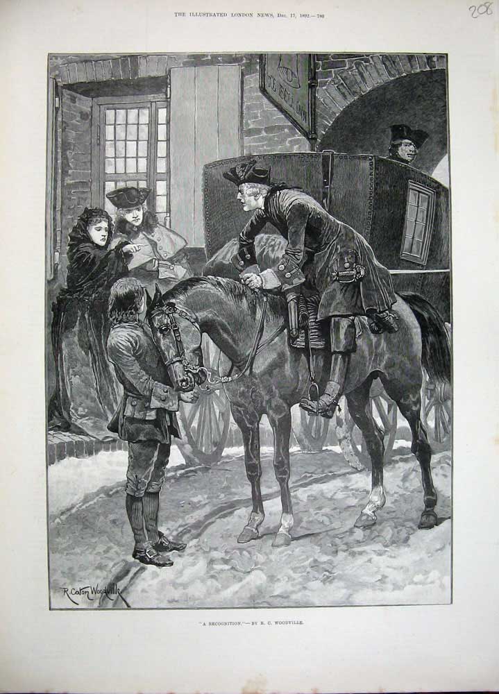 Old Antique Print 1892 Woodville Fine Art Men Horse Carriage Street Scene 19th