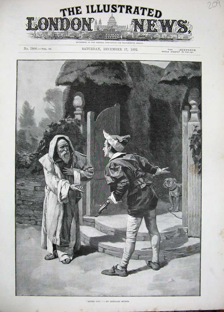 Original Old Antique Print 1892 Munns Fine Art Men Costumes Gate Country Dog