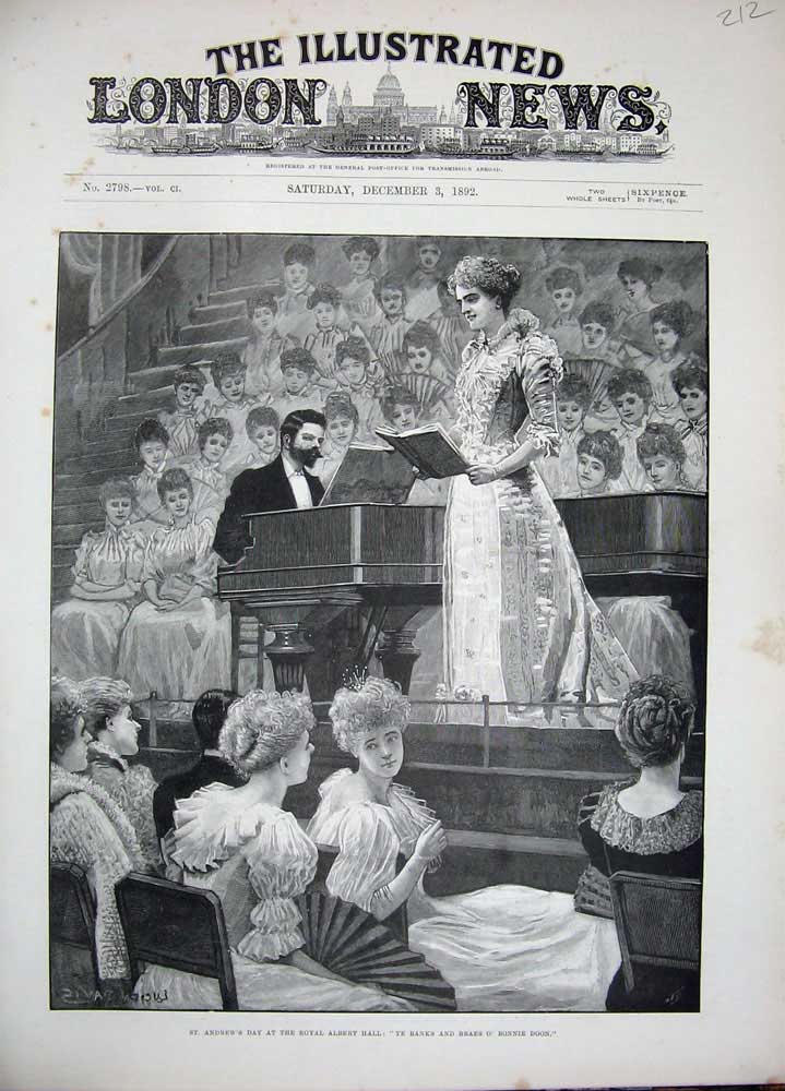 Old Antique Print 1892 St Andrews Day Royal Albert Hall Woman Music Art 19th