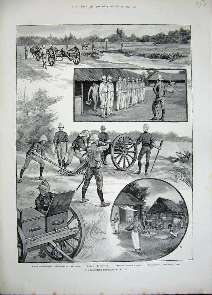 Original Old Antique Print 1892 Volunteer Siers Ceylon Camp Sham-Fight War 19th