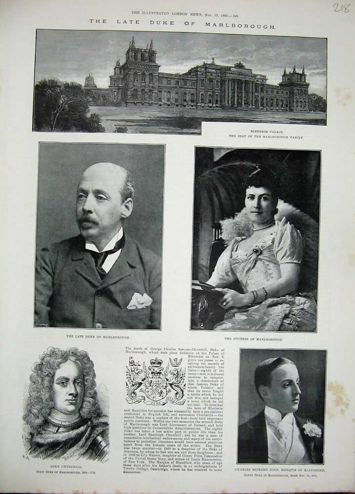 Original Old Antique Print 1892 Duke Marlborough Churchill Blandford Blenheim