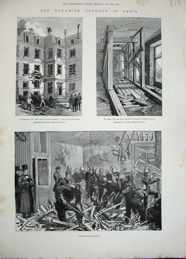 Original Old Antique Print 1892 Paris Dynamite Explosion Police Office Ruins