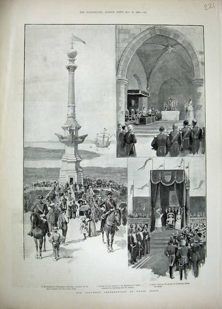 Old Antique Print 1892 Columbus Celebrations Palos Spain Chapel Monastery 19th