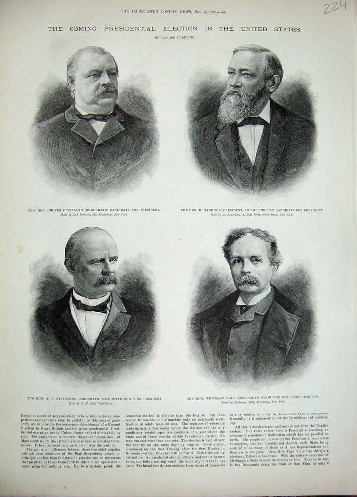Old Antique Print 1892 Presidential Election America Stevenson Reid Men 19th