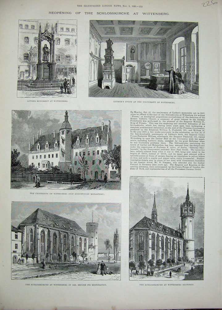 Original Old Antique Print Schlosskirche Wittenberg 1892 Monastery University