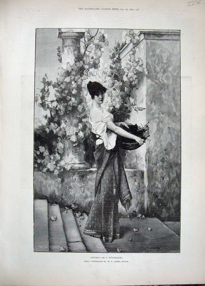 Old Antique Print 1892 Wunnenberg Fine Art Beautiful Woman Basket Flowers 19th